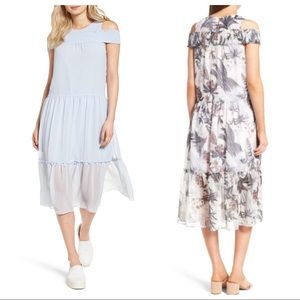 Chelsea28 Blue Feather Cold Shoulder Midi Dress